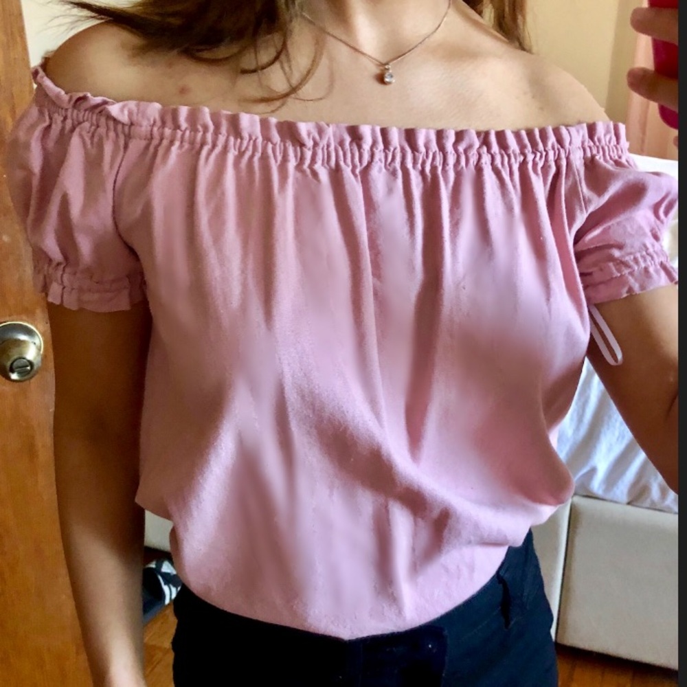 Pestle purple off shoulder puffed short sleeve top